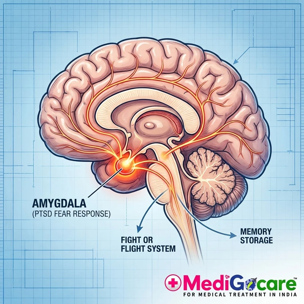 Anatomical diagram showing the amygdala location in the human brain, highlighted to illustrate its role in PTSD fear response