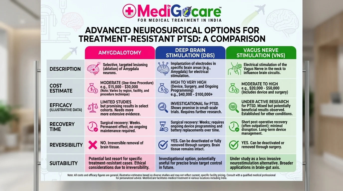 Infographic comparing Amygdalotomy vs Deep Brain Stimulation vs VNS for PTSD treatment in India 2025 — cost, efficacy, recovery time, reversibility