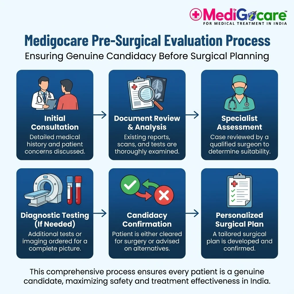 Infographic showing the 6-step eligibility and evaluation process for amygdalotomy surgery in India at Medigocare