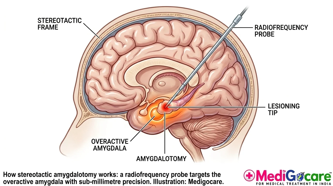 Stereotactic amygdalotomy procedure diagram showing radiofrequency probe targeting the amygdala through a small keyhole incision — minimally invasive PTSD brain surgery India