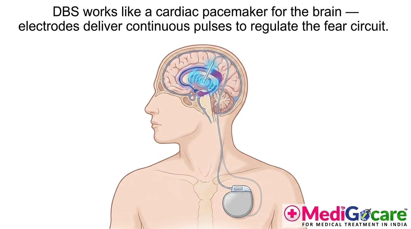 Deep Brain Stimulation (DBS) device implant diagram for PTSD treatment — showing electrodes in basolateral amygdala connected to pulse generator in chest, India 2025