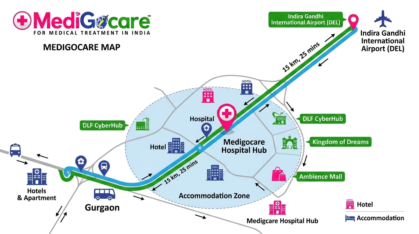 The Complete Medical Travel Guide: How to Come to India for Amygdalotomy Surgery with Medigocare 5 Map showing Gurgaon and Delhi proximity for medical tourists — Indira Gandhi International Airport to Fortis Hospital Gurgaon distance guide