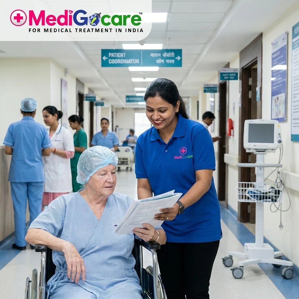 Medigocare patient coordinator supporting an international patient at a hospital in Gurgaon, India, during their amygdalotomy surgery journey