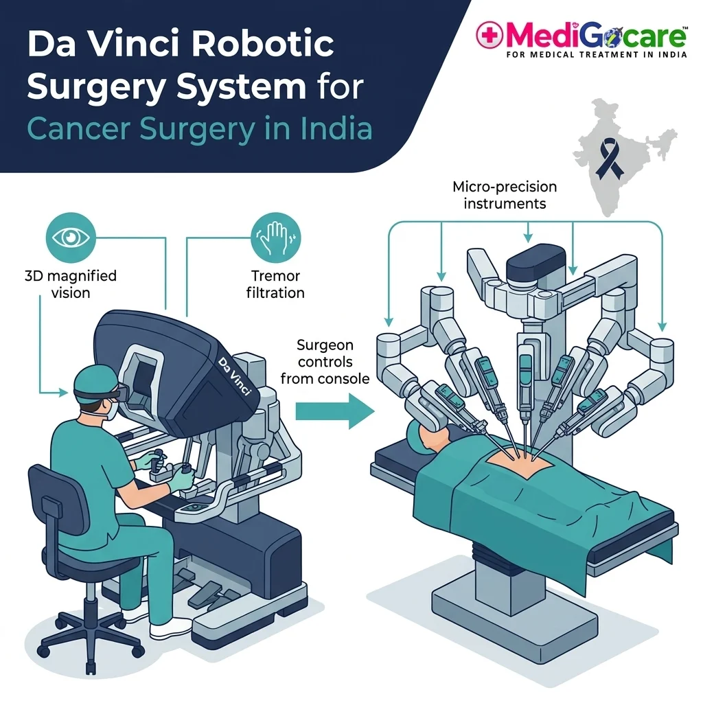 Robotic Surgery for Cancer in India: How Da Vinci Technology Is Delivering Better Outcomes at a Fraction of Western 2 How Da Vinci robotic surgery works — surgeon console controls four robotic arms diagram India