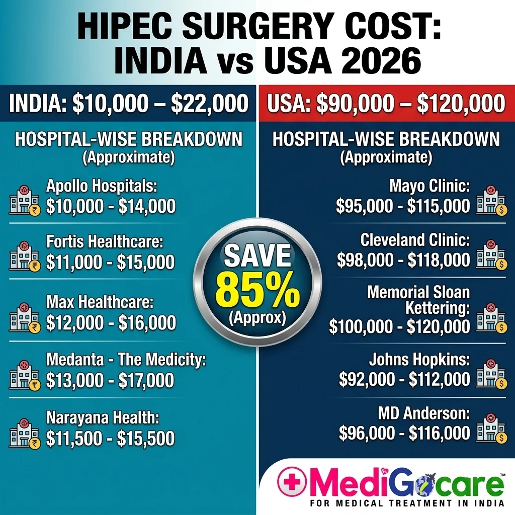 HIPEC Surgery in India: Complete Guide for International Patients — Cost, Procedure, Recovery & Survival Rates 2026 3 HIPEC surgery cost India vs USA comparison 2026 — hospital-wise breakdown