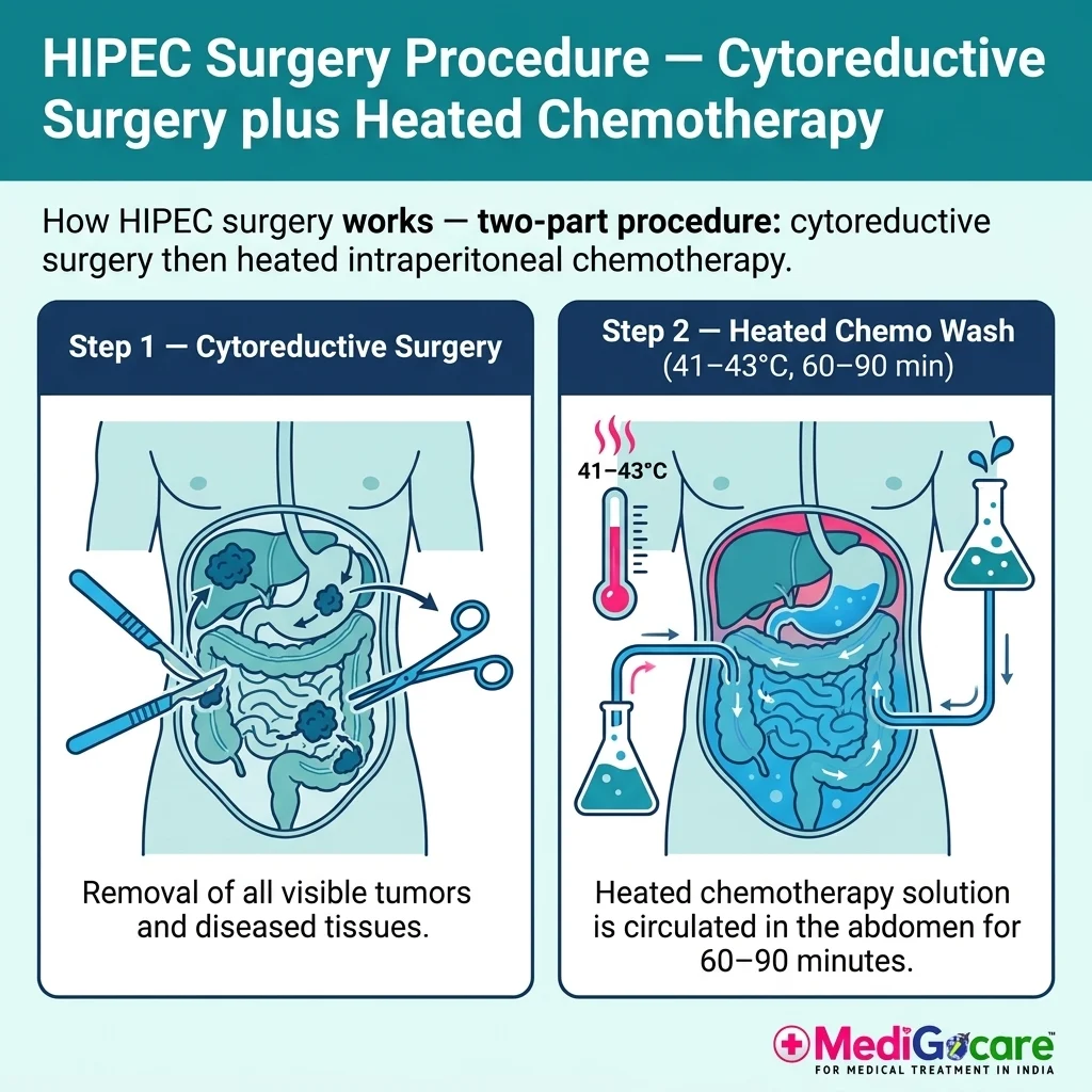 HIPEC Surgery in India: Complete Guide for International Patients — Cost, Procedure, Recovery & Survival Rates 2026 2 HIPEC procedure two-steps — cytoreductive surgery then heated chemo wash infographic