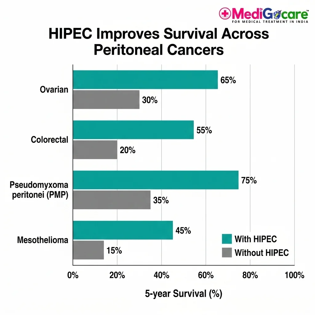 HIPEC Surgery in India: Complete Guide for International Patients — Cost, Procedure, Recovery & Survival Rates 2026 4 HIPEC survival rates India — disease-specific 5-year survival bar chart