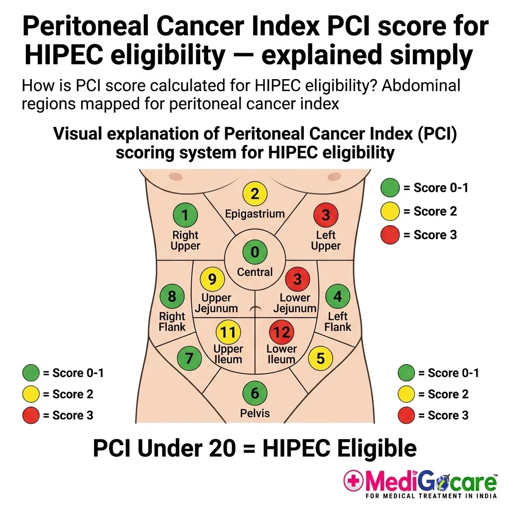 HIPEC Surgery in India: Complete Guide for International Patients — Cost, Procedure, Recovery & Survival Rates 2026 5 Peritoneal Cancer Index PCI score abdominal regions diagram — HIPEC eligibility explained
