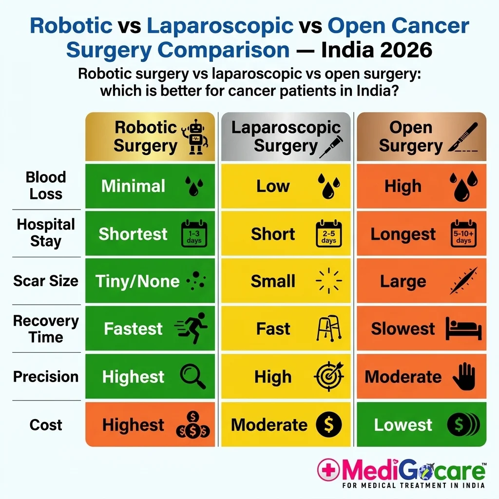 Robotic Surgery for Cancer in India: How Da Vinci Technology Is Delivering Better Outcomes at a Fraction of Western 3 Robotic vs laparoscopic vs open cancer surgery comparison — India 2026