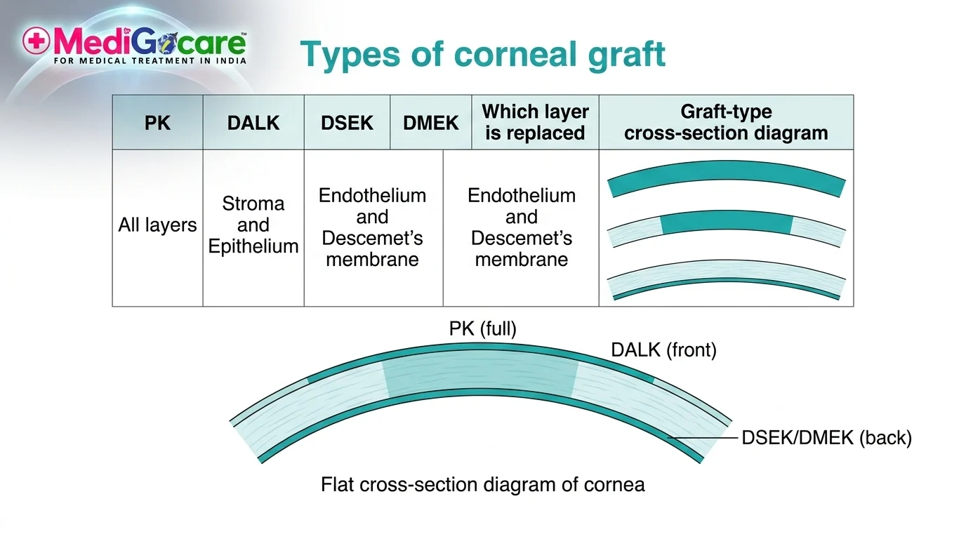 Types of corneal graft PK DALK DSEK DMEK cross-section