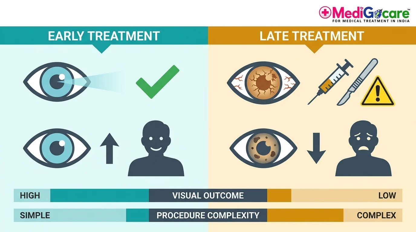 Act early on diabetic retinopathy early vs late treatment outcomes infographic