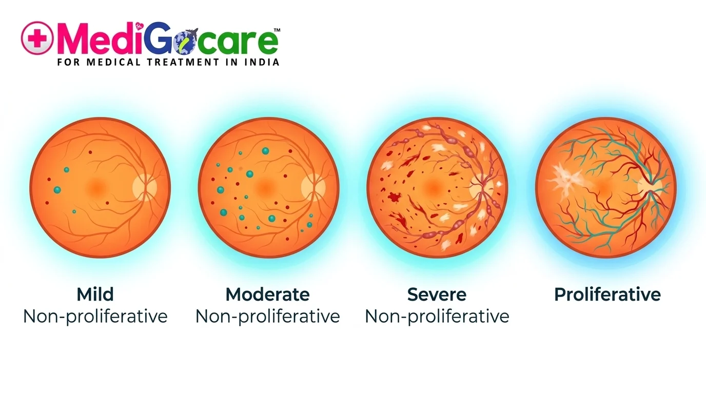 Four stages of diabetic retinopathy retinal diagram
