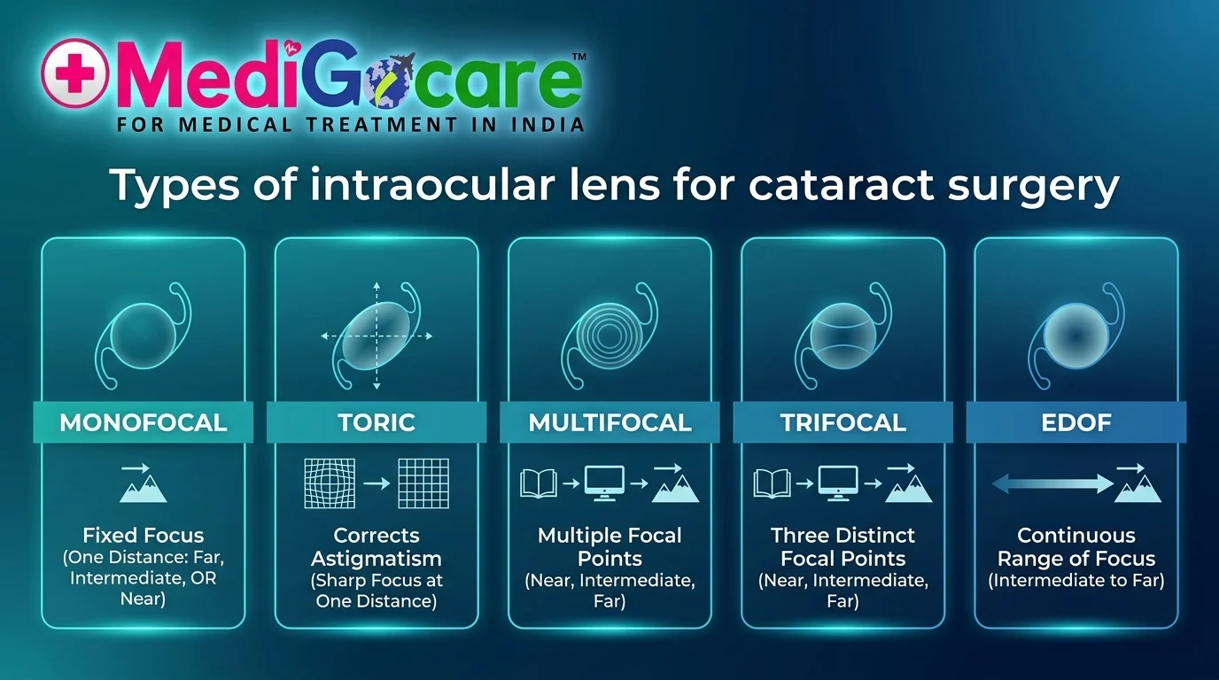 Types of intraocular lens for cataract surgery monofocal multifocal trifocal toric EDOF diagram