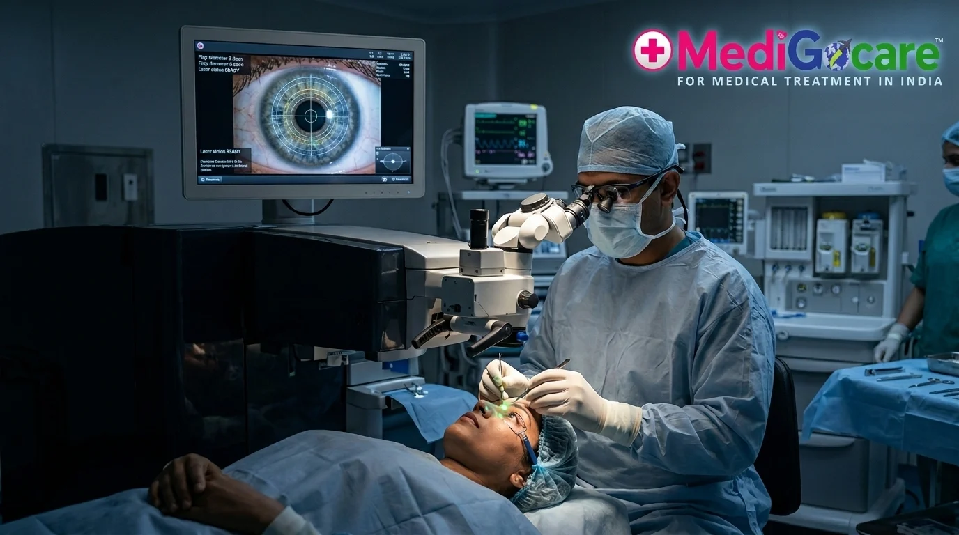 LASIK eye surgery being performed at an accredited Indian eye hospital, femtosecond laser in use
