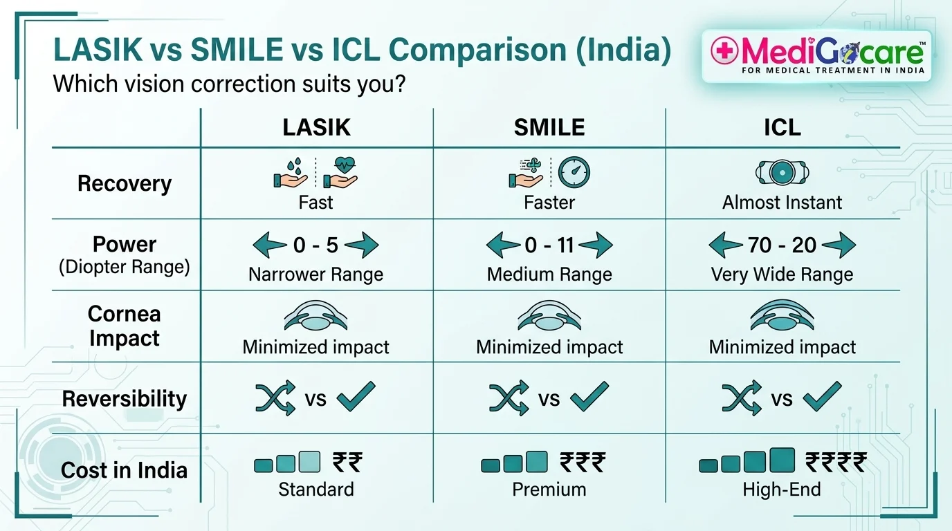 LASIK vs SMILE vs ICL comparison matrix India