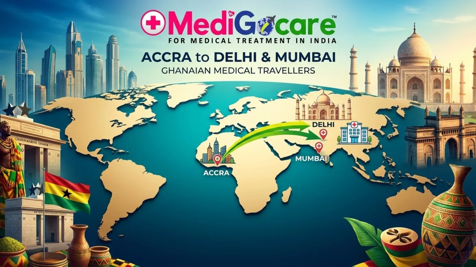Flight routing map from Accra to Delhi and Mumbai for Ghanaian medical travellers