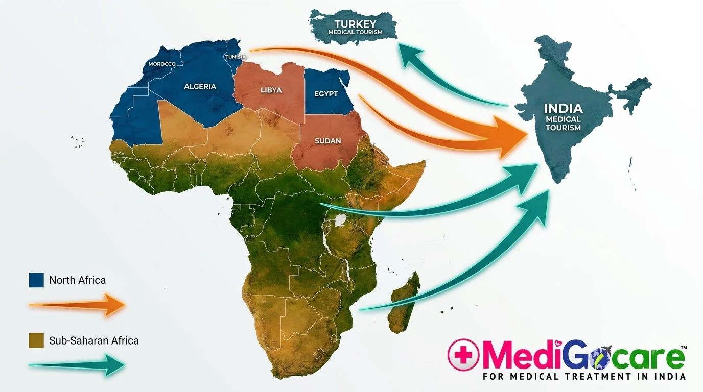 Map of Africa showing North vs sub-Saharan split for India and Turkey medical tourism