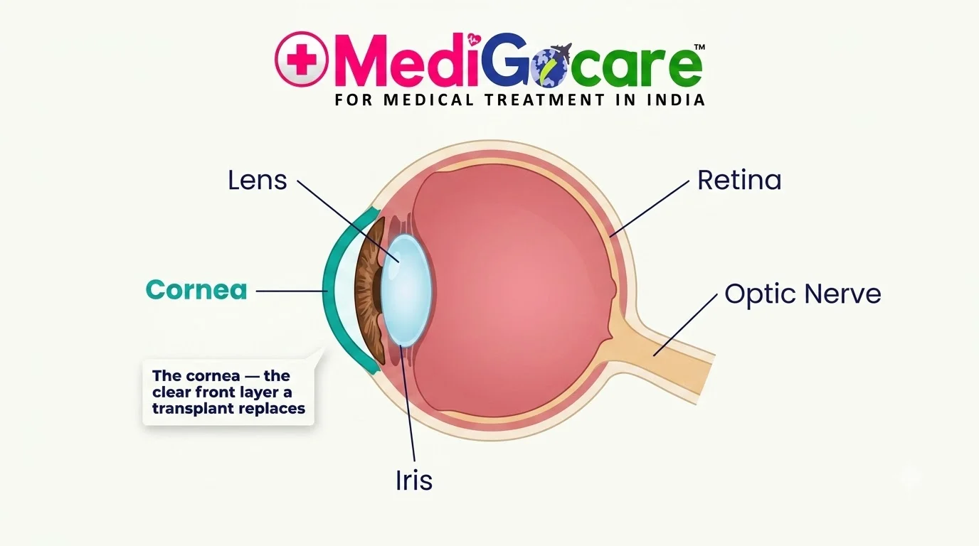 Corneal Transplant & Advanced Eye Care in India for African Patients 3 Eye anatomy diagram showing where the cornea sits and what a transplant replaces