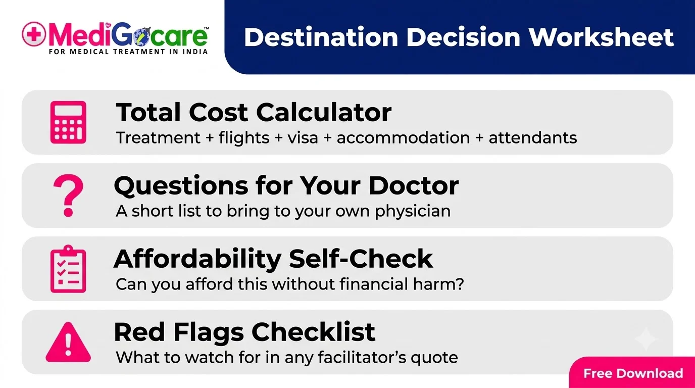 Destination Decision Worksheet preview: cost calculator and questions to ask your doctor
