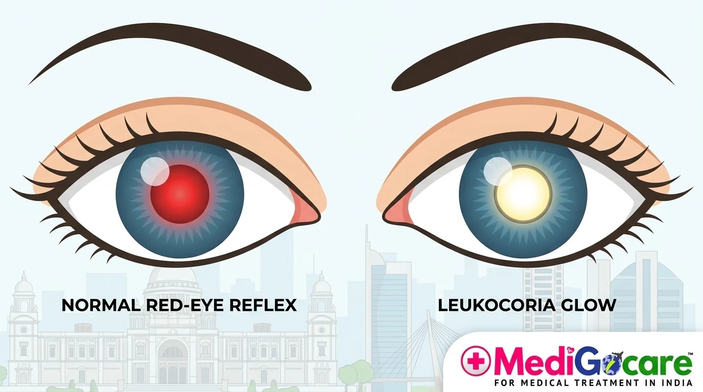 Leukocoria white eye reflex compared to normal red-eye reflex diagram