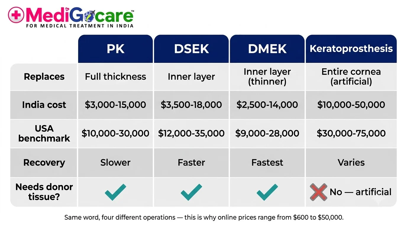 Corneal Transplant & Advanced Eye Care in India for African Patients 5 Comparison chart: PK, DSEK, DMEK and keratoprosthesis corneal procedures