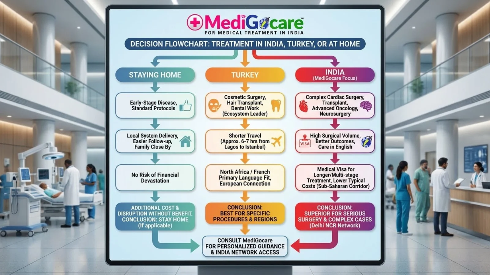 Decision flowchart: treatment in India, Turkey, or at home